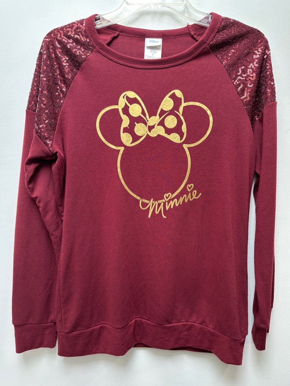 Disney Girls' Minnie Burgundy Sweatshirt with Gold Graphic and Sequin Shoulders